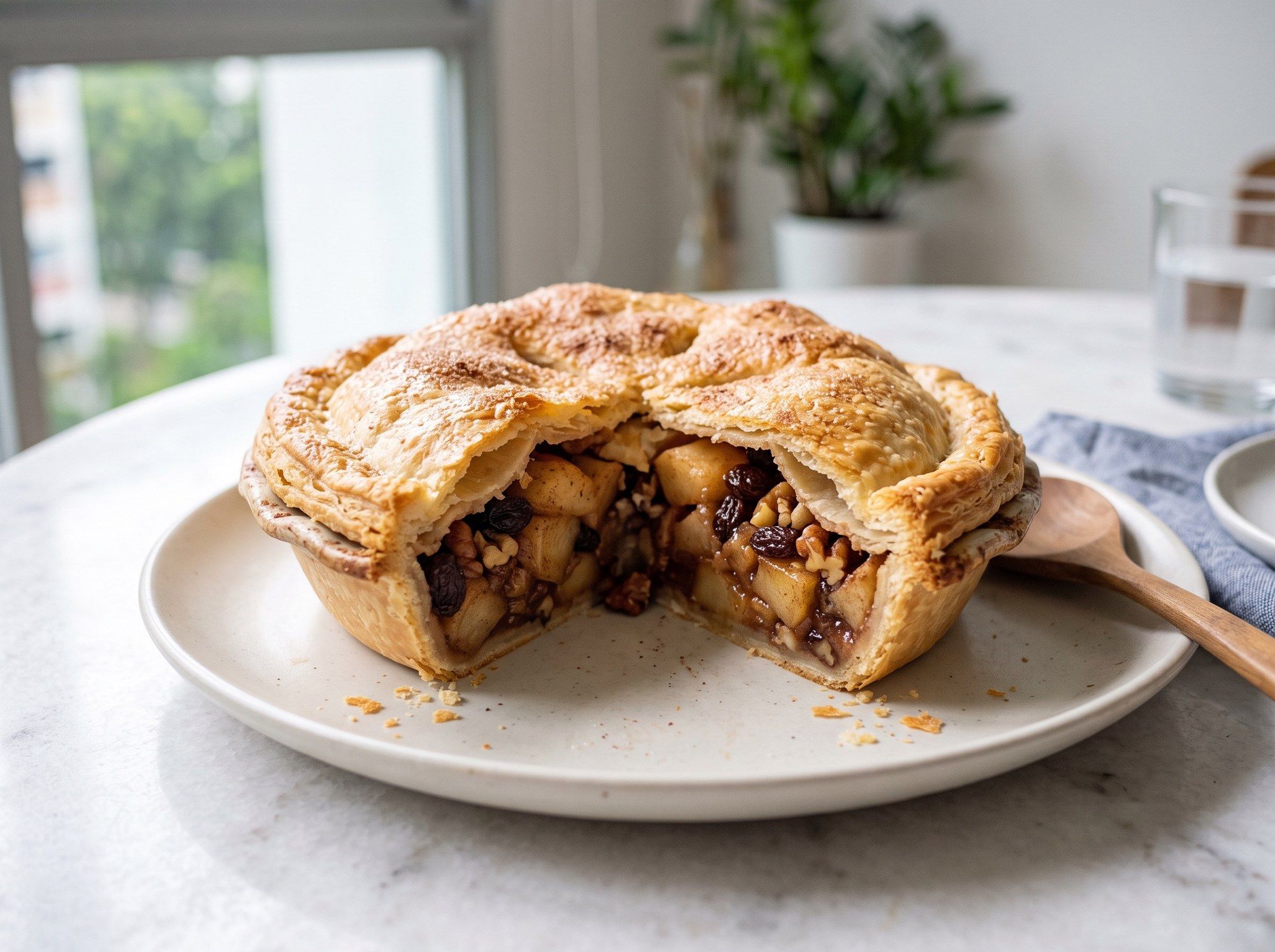 An apple pie cut open showing roasted apple, raisins and chopped nuts