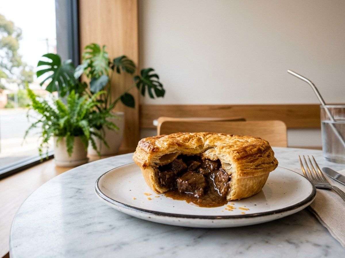 A beef pie cut open showing dark slow-cooked beef in gravy