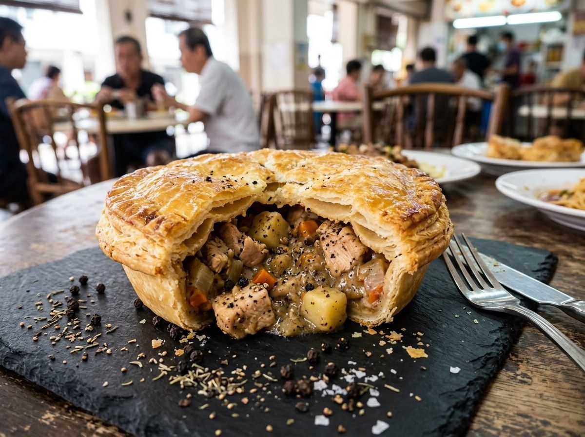 A black pepper chicken pie cut open, chicken flecked with coarse pepper, on a slate board
