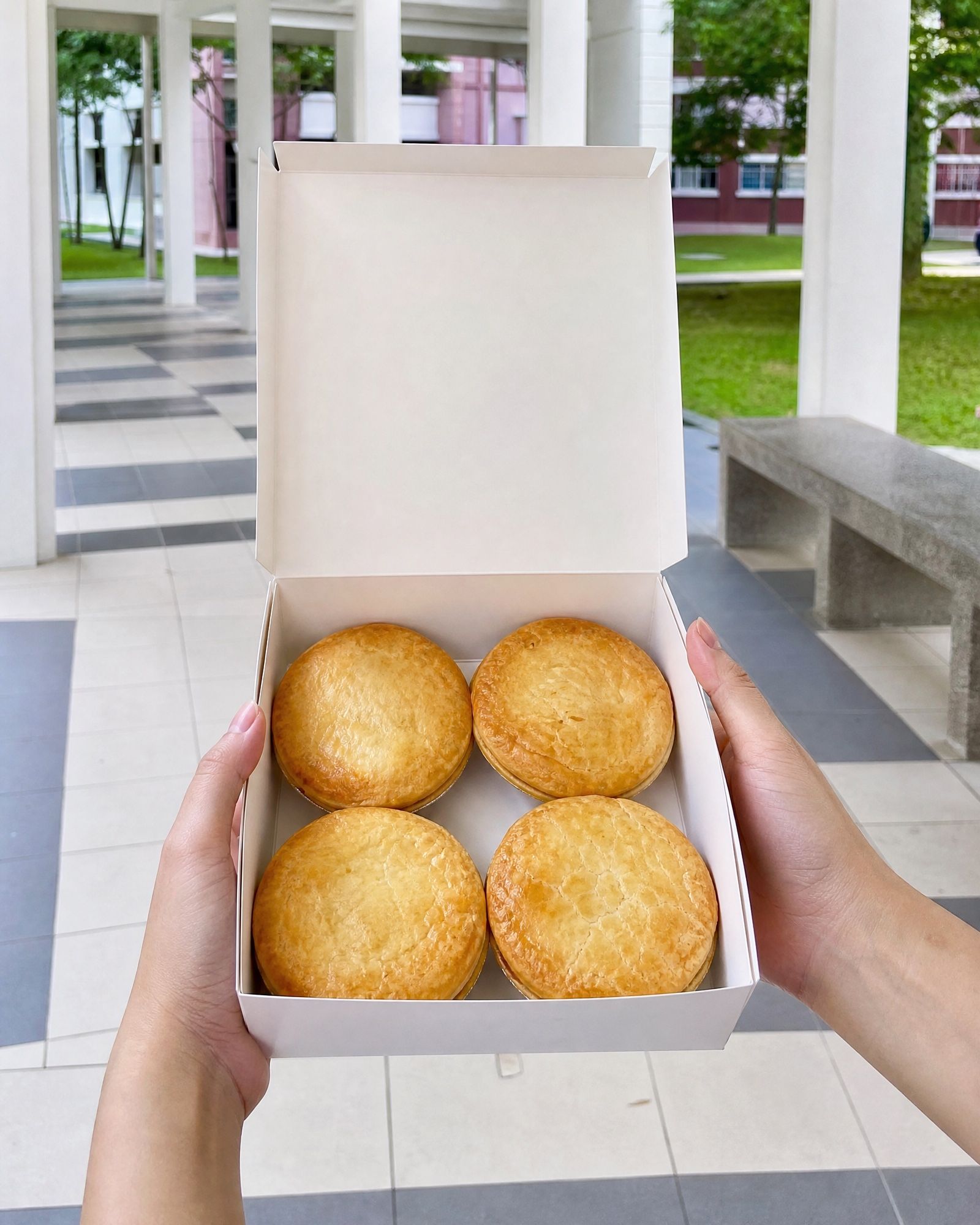 Hands holding an open white box of four round chicken pies at an HDB void deck