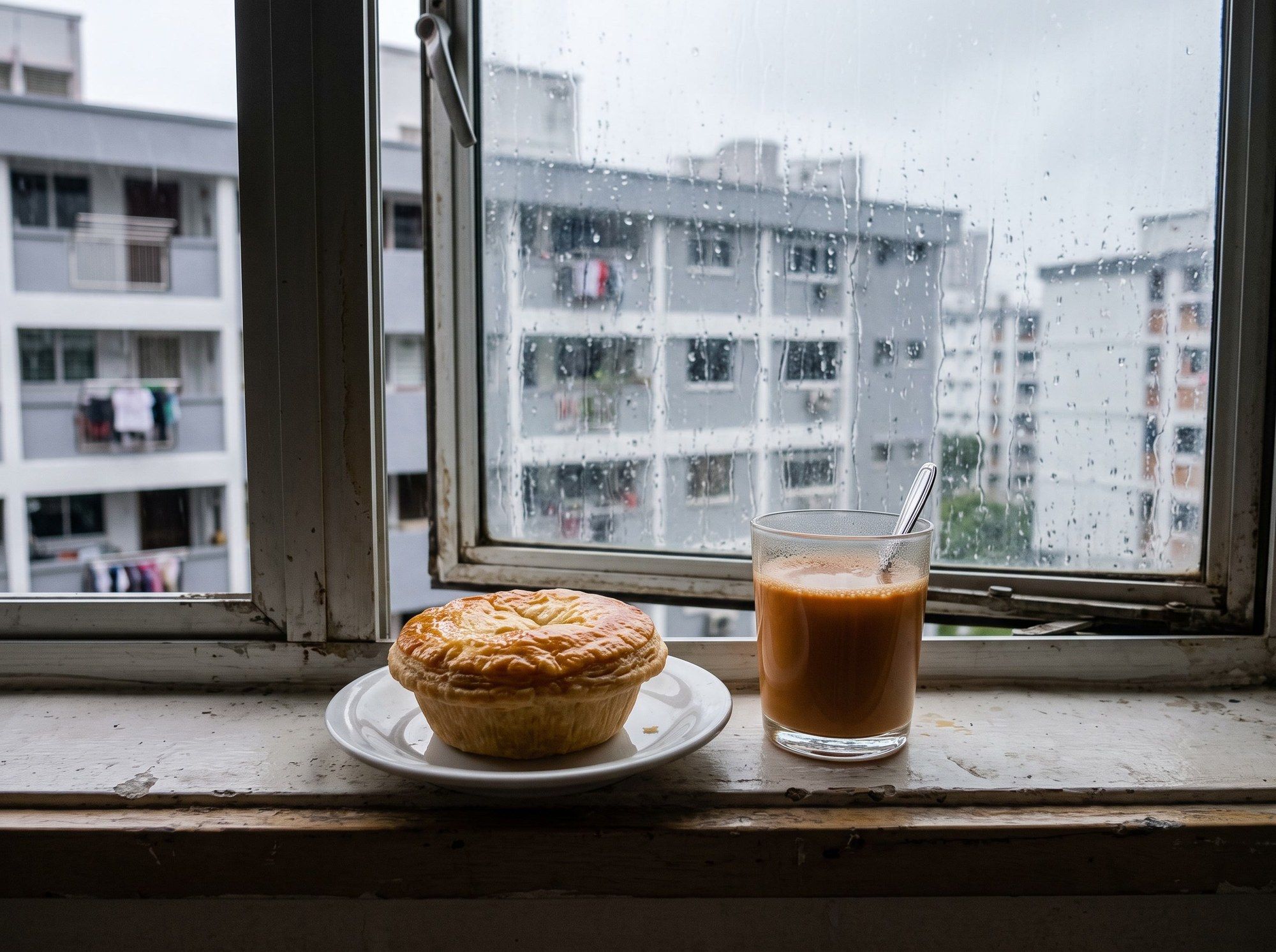 A chicken pie and a glass of hot teh on the window ledge of an HDB flat while rain streaks the glass