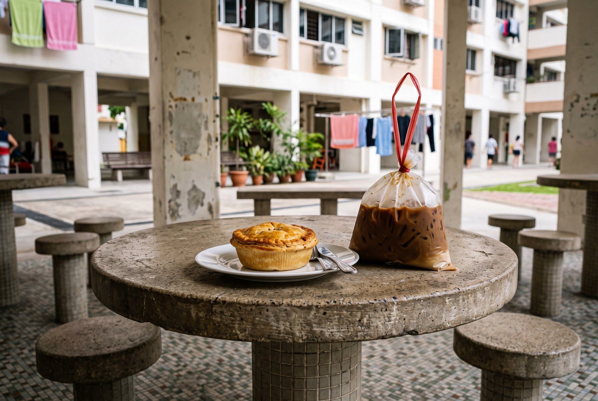 A chicken pie on a small plate beside a tied plastic bag of iced kopi on a stone table at an HDB void deck