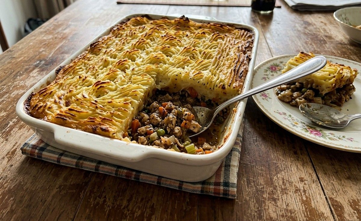 A tray of chicken shepherd's pie with a browned mashed-potato top and one portion scooped out