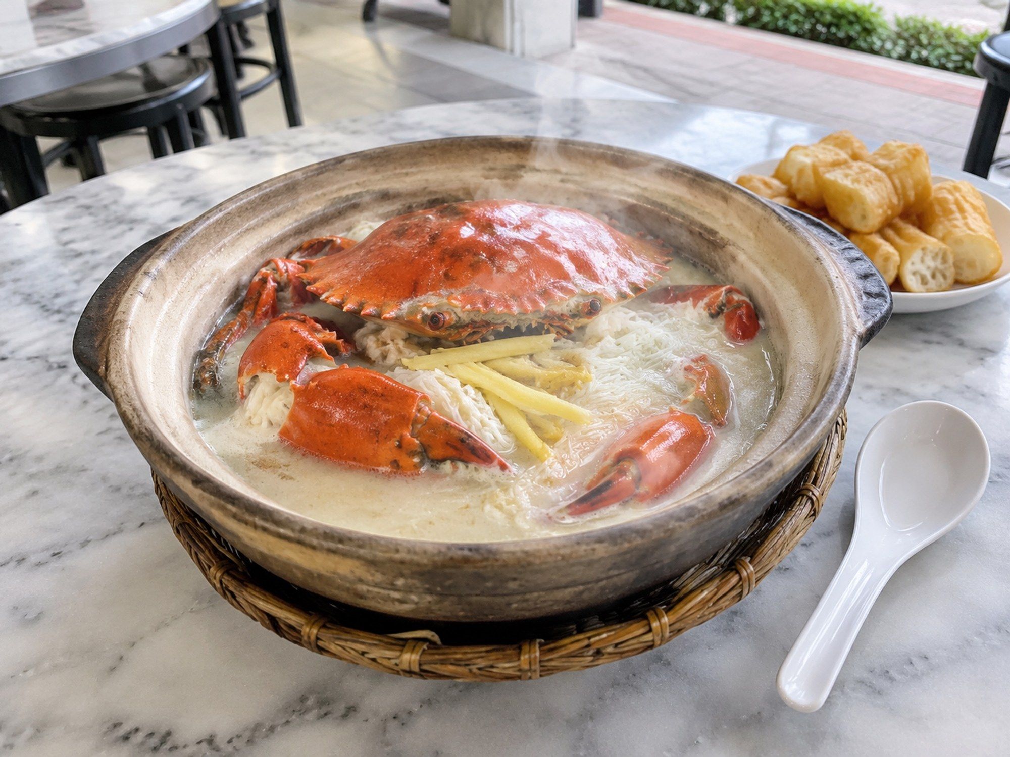 A claypot of crab bee hoon soup with a whole crab in milky herbal broth on a coffee-shop table