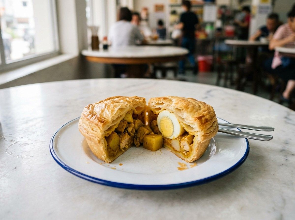 A curry chicken pie cut in half showing curry filling, potato and half an egg on an enamel plate