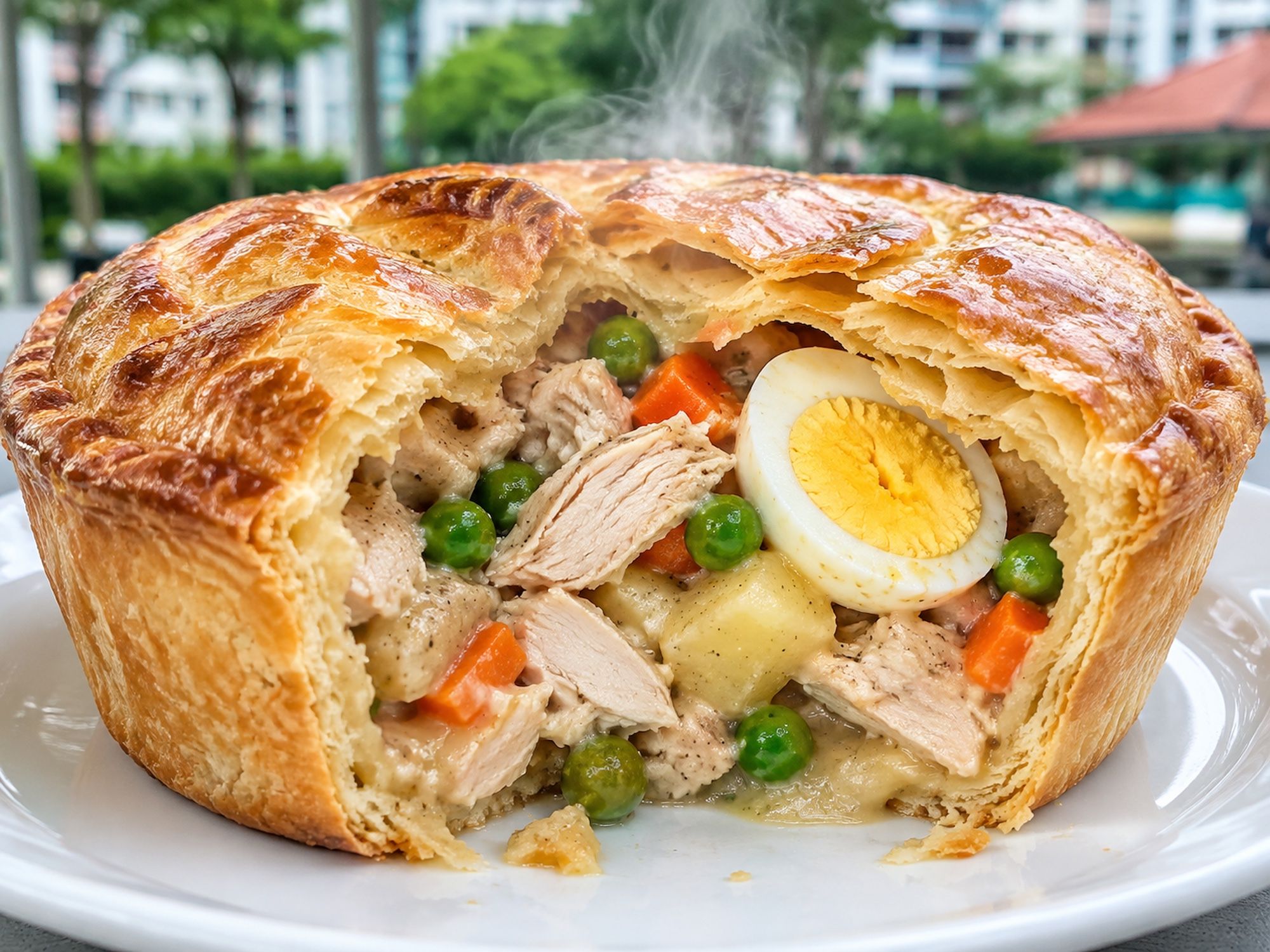 Close-up of a chicken pie cut open, showing chunky chicken, potato, carrot, peas and half a hard-boiled egg