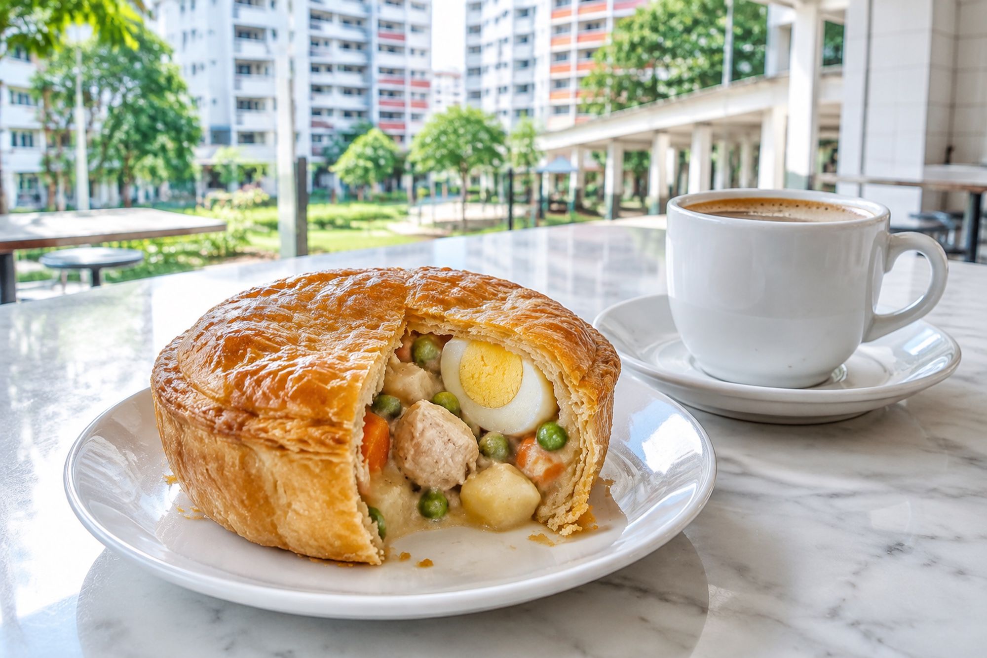 A chicken pie cut open on a coffee-shop table beside a cup of kopi