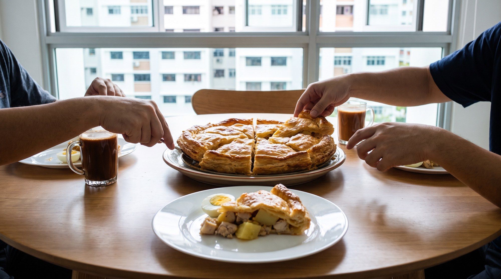 A family sharing a round golden chicken pie cut into wedges at a dining table in an HDB flat, one slice showing chicken, potato and half an egg