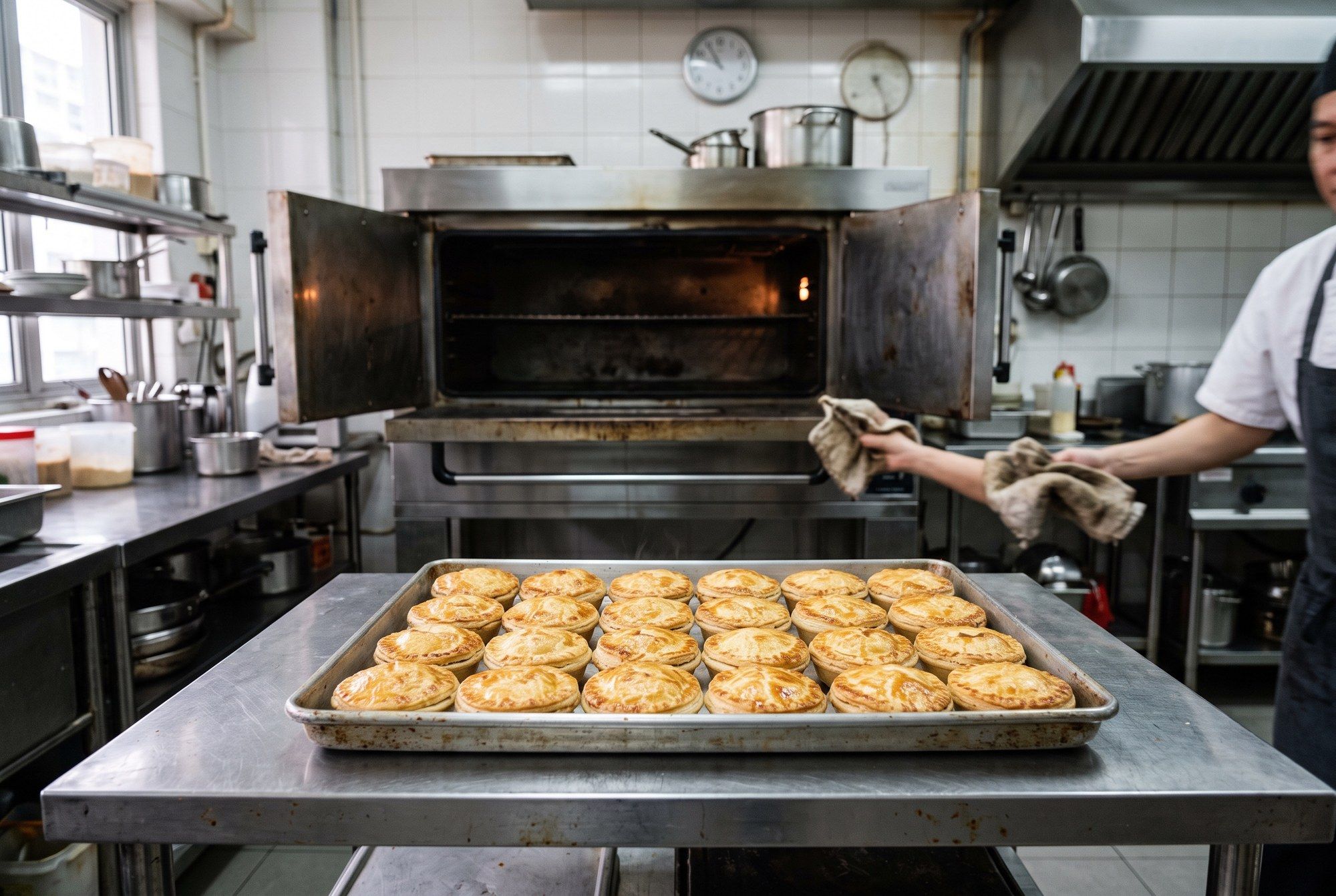 A tray of freshly baked round chicken pies just out of a deck oven