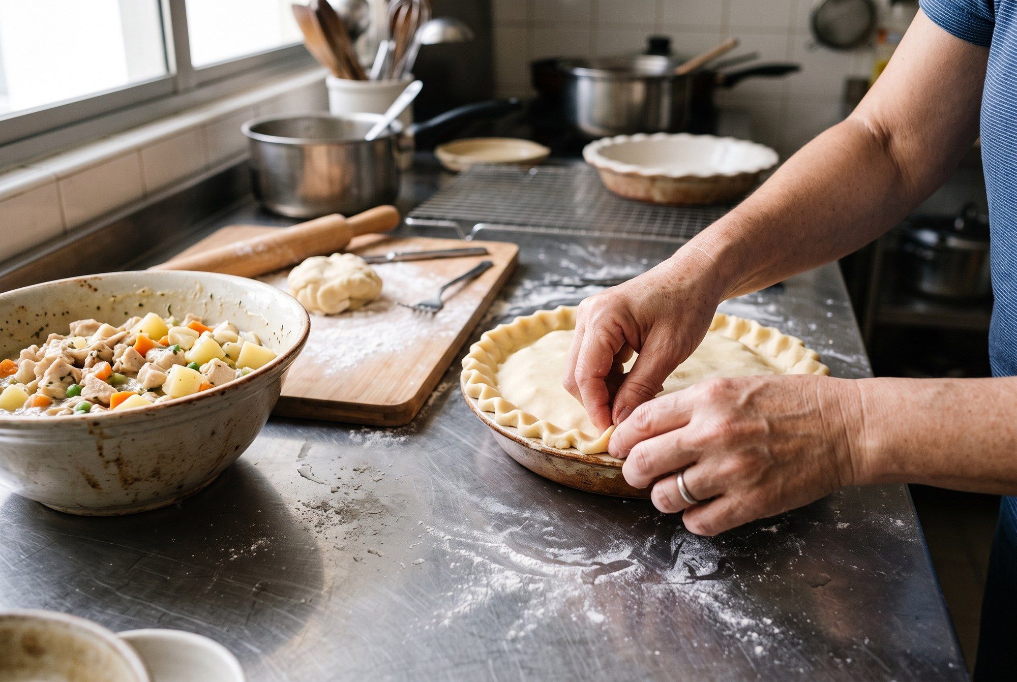 Hands crimping the edge of an unbaked pie on a floured steel table, filling in a bowl nearby
