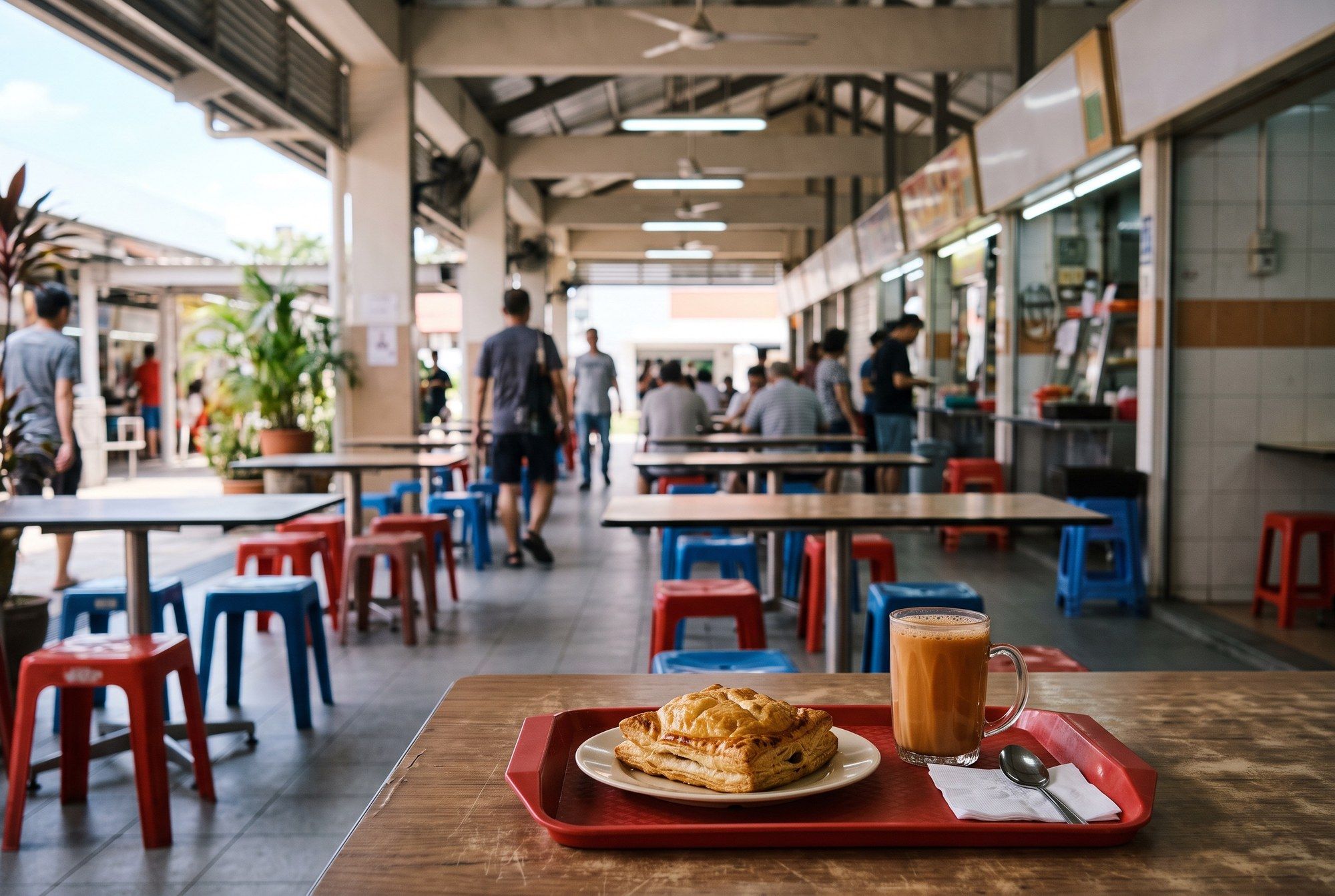 A hawker centre in daylight with a tray holding a chicken pie and a cup of teh