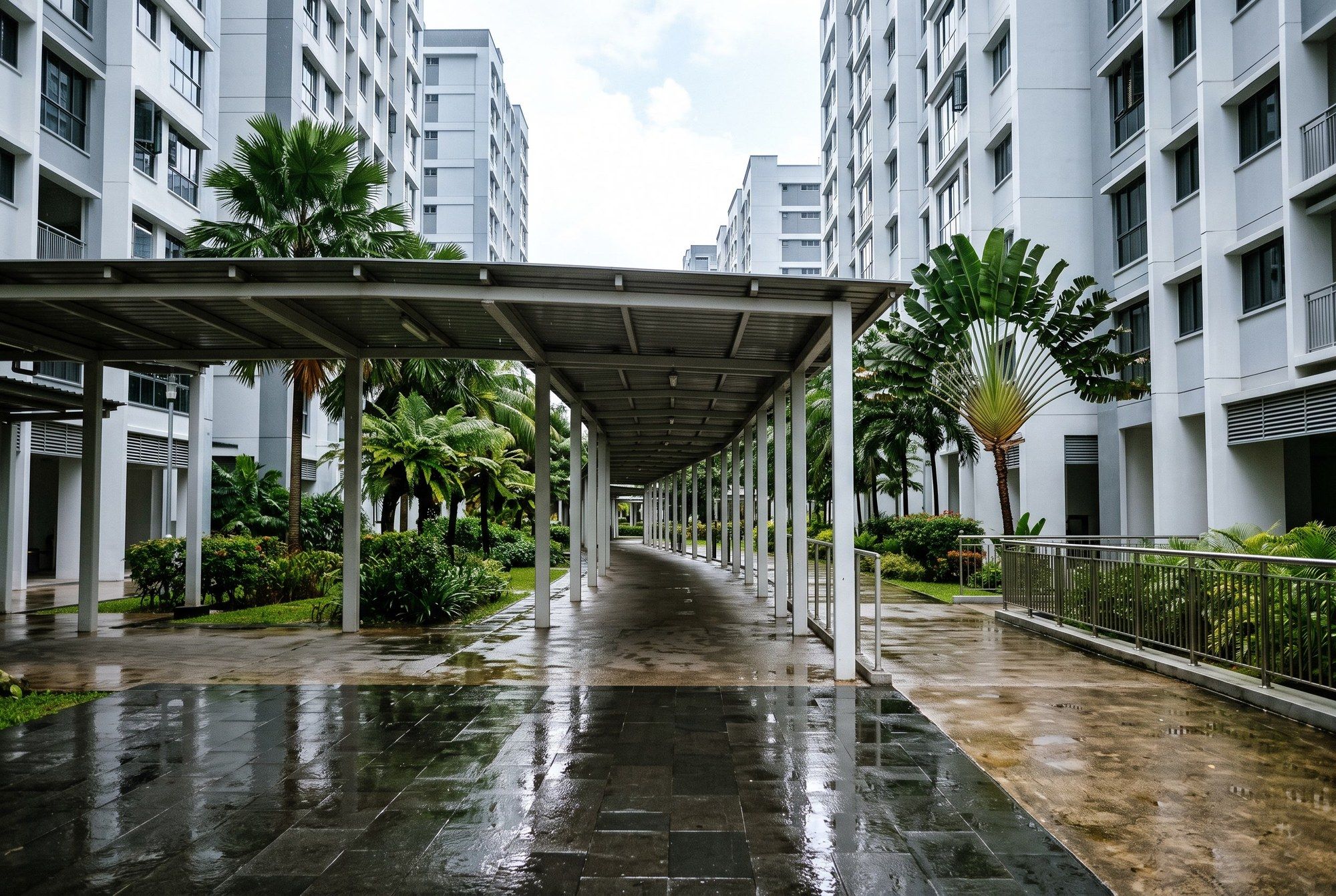 A covered walkway between HDB blocks after rain, the floor still wet