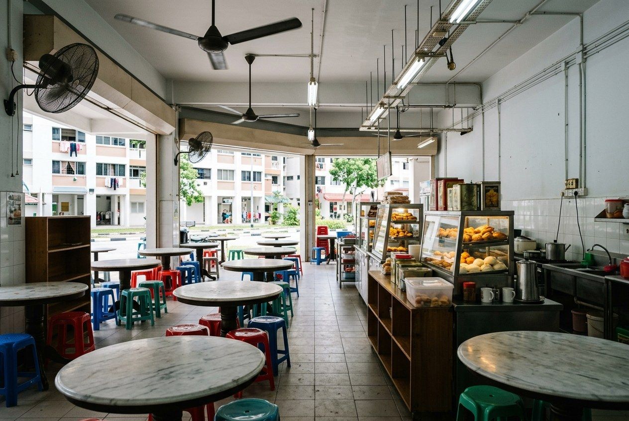 An empty heartland coffee shop with marble-top tables and ceiling fans, HDB blocks outside