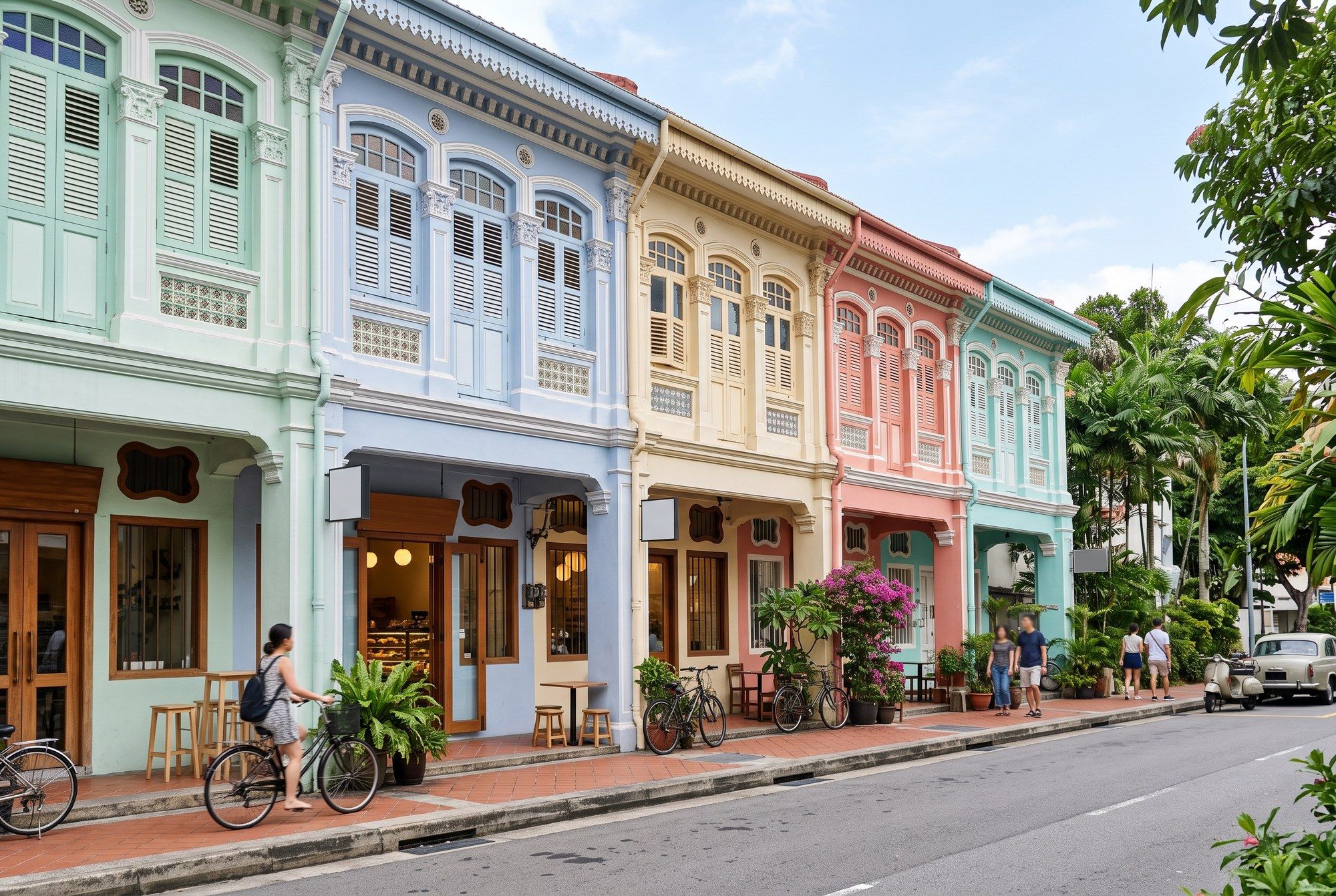 A row of restored pastel two-storey shophouses with a five-foot way on a quiet street in daylight