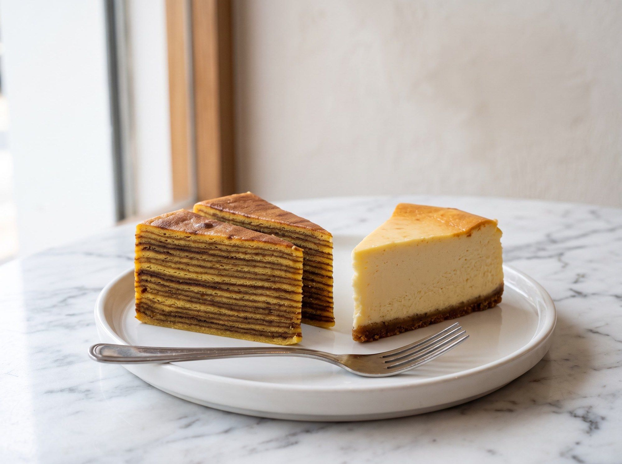 Slices of layered kueh lapis next to a slice of baked cheesecake