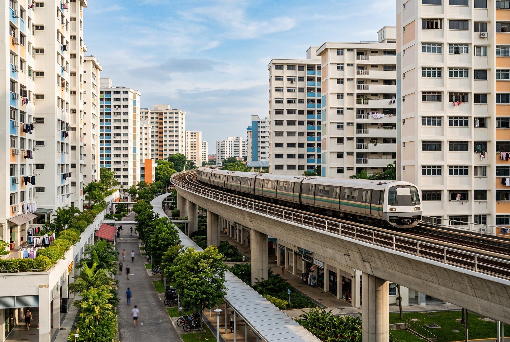 An elevated MRT track running between HDB blocks under a blue sky