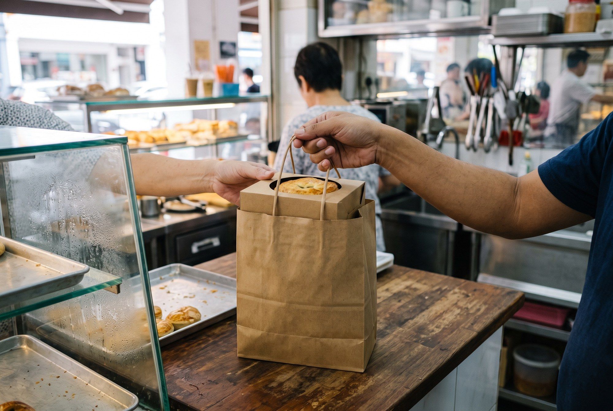 A takeaway bag with a pie box being handed across a counter