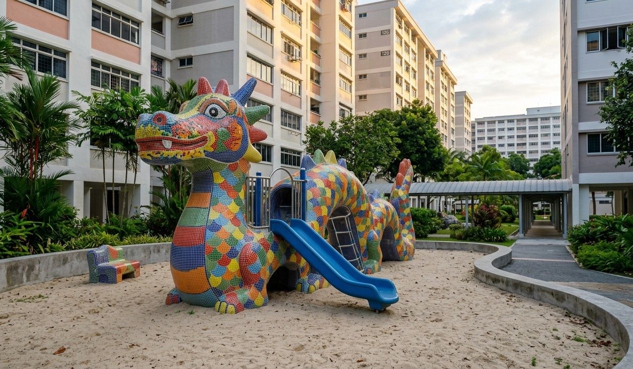 A mosaic dragon playground in an HDB estate in morning light, the kind Toa Payoh is known for
