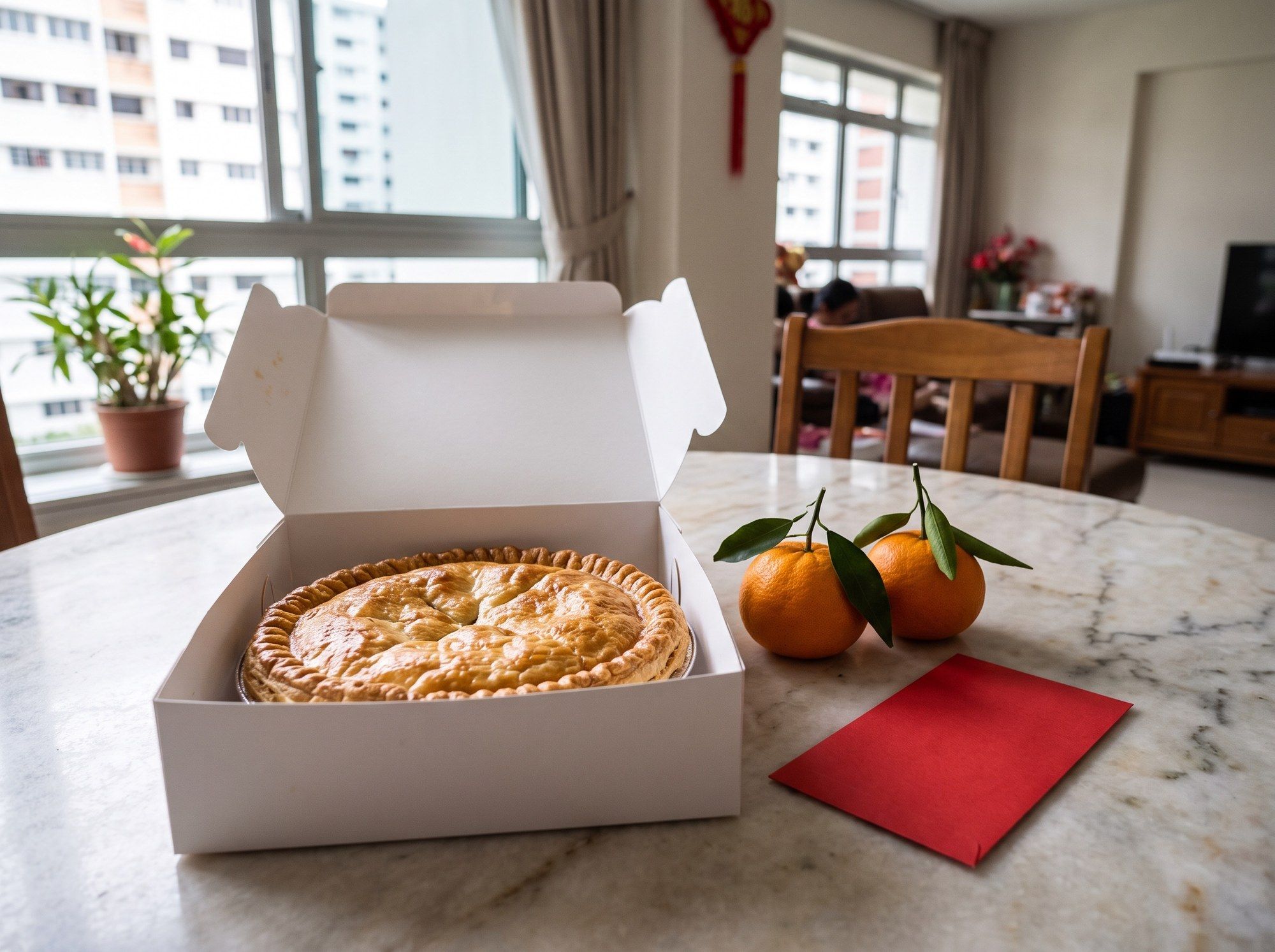 An open plain white box holding a whole chicken pie, beside two mandarin oranges and a blank red packet