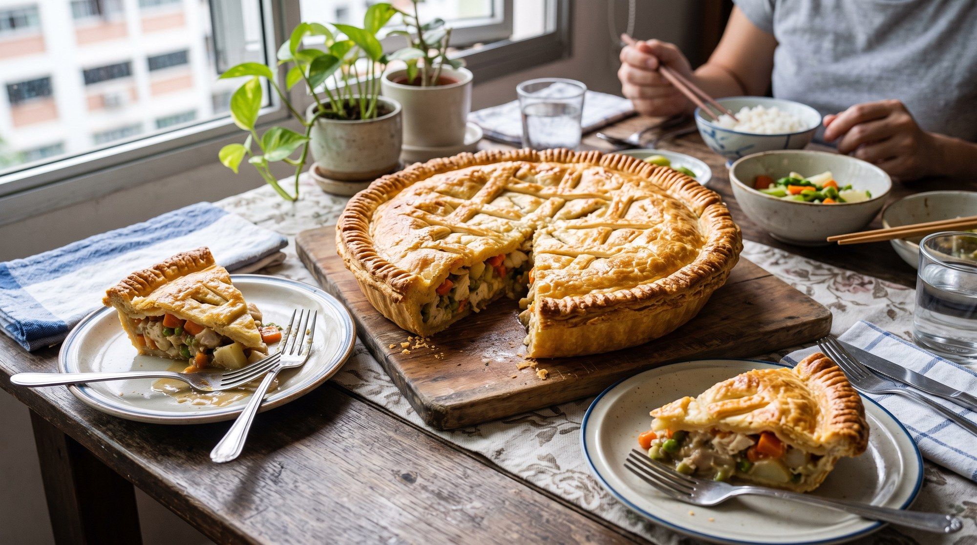 A whole family-size chicken pie with two slices served on small plates for sharing